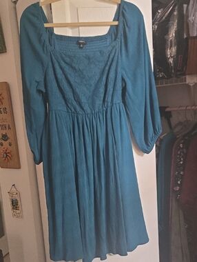 Torrid Teal Smocked Bodice Long Sleeve Midi Dress